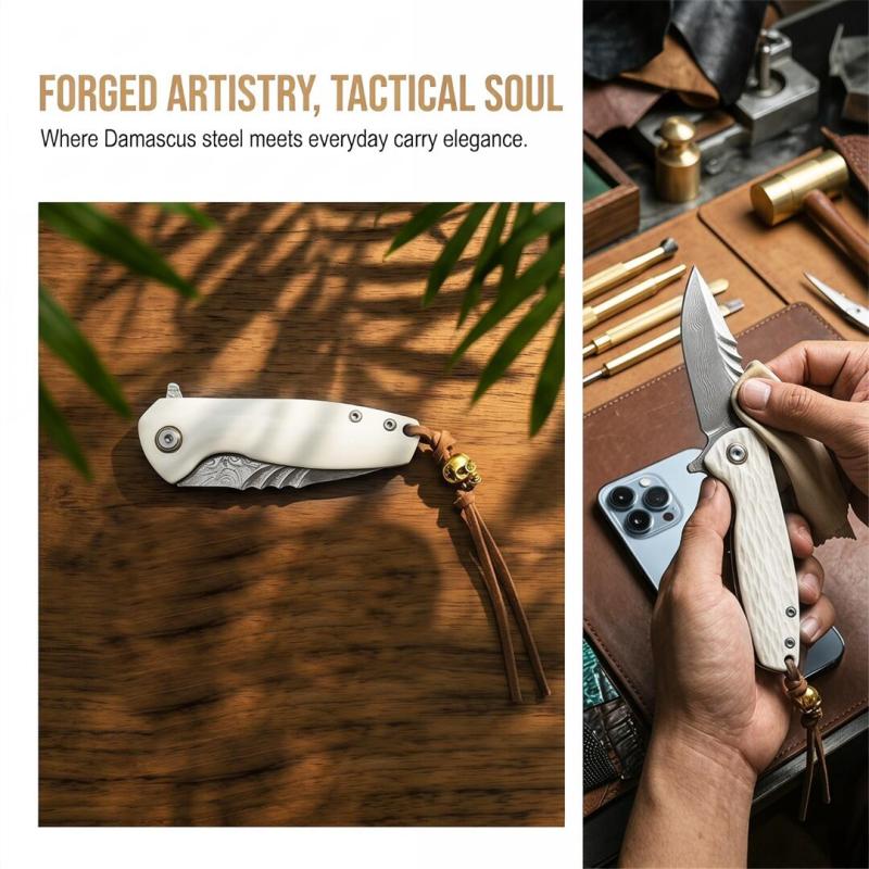White Jade Flipper Folding Knife 2.36" Damascus Drop Blade, Ox bone Handles