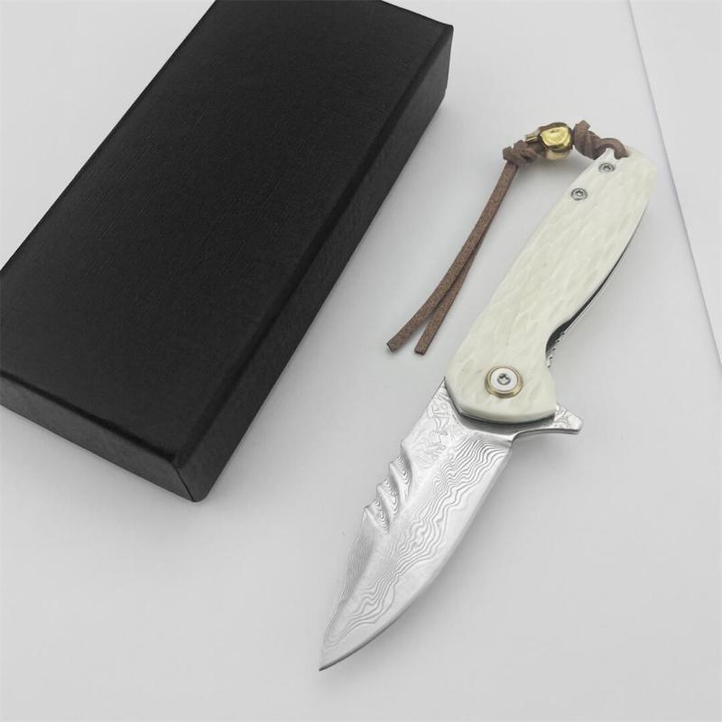 White Jade Flipper Folding Knife 2.36" Damascus Drop Blade, Ox bone Handles