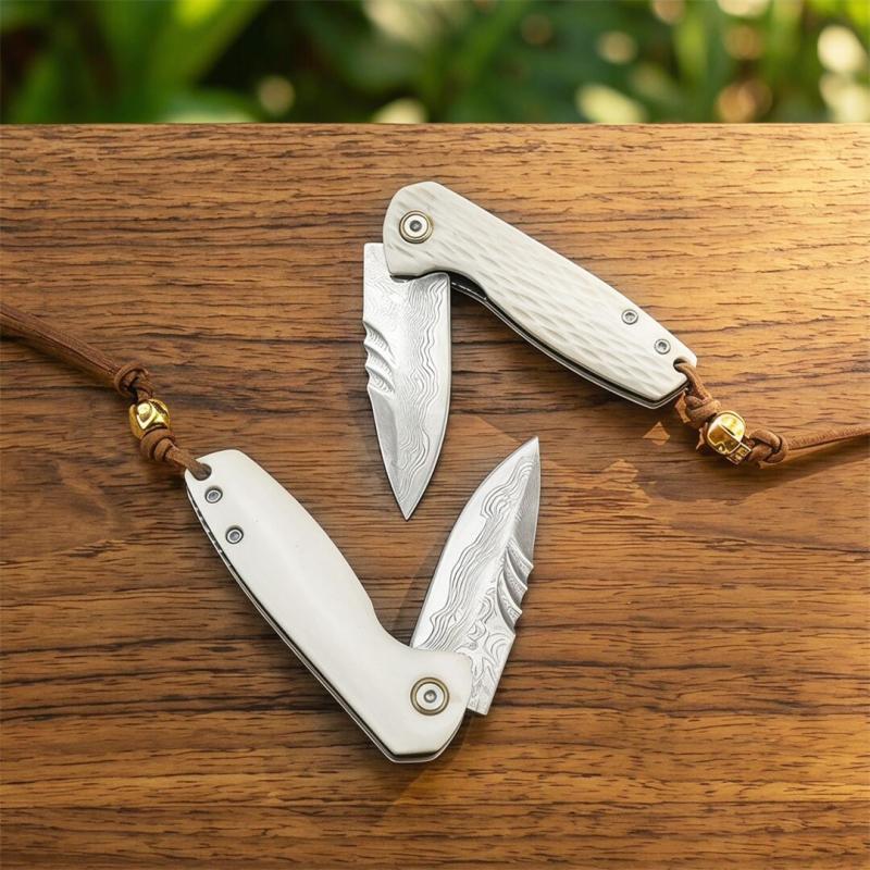White Jade Flipper Folding Knife 2.36" Damascus Drop Blade, Ox bone Handles