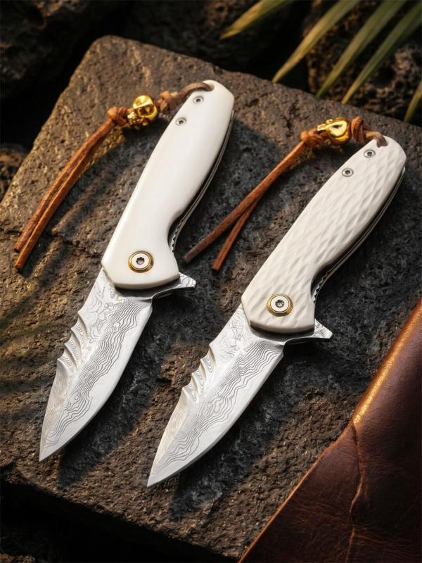 White Jade Flipper Folding Knife 2.36" Damascus Drop Blade, Ox bone Handles