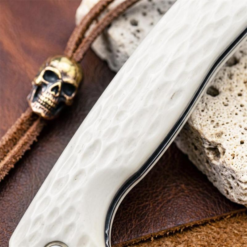 White Jade Flipper Folding Knife 2.36" Damascus Drop Blade, Ox bone Handles