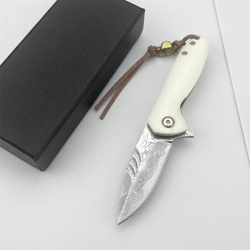 White Jade Flipper Folding Knife 2.36" Damascus Drop Blade, Ox bone Handles