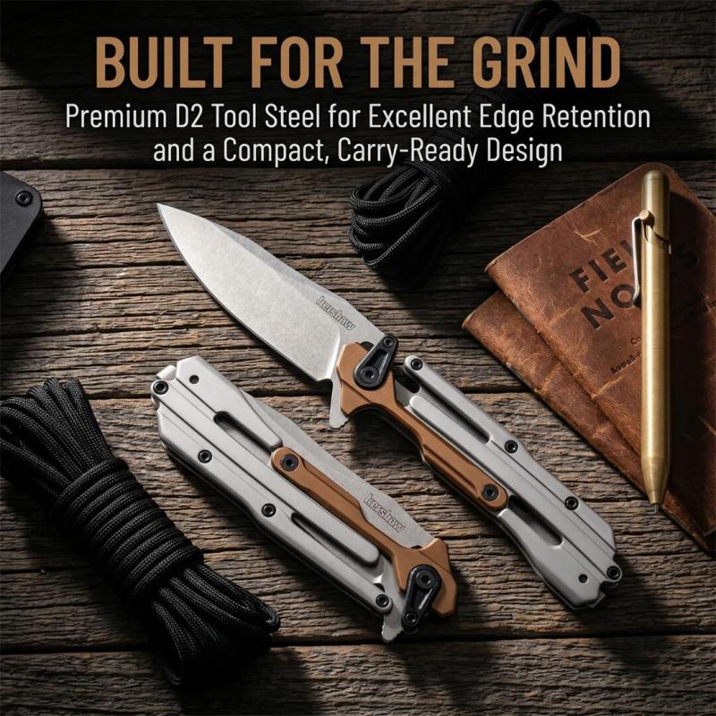Kershaw 2039 KVT Flipper Knife 2.91" D2 Stonewashed Blade, 420 Stainless Steel Handles , Frame Lock