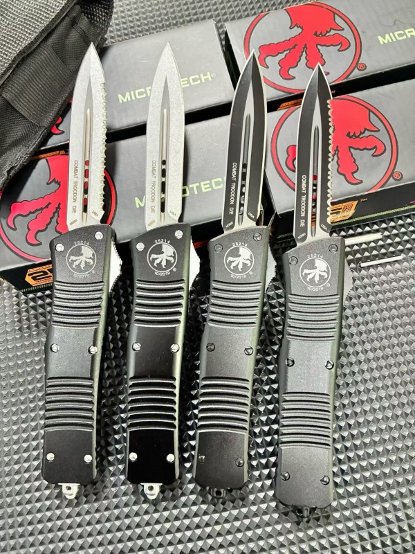 MT Troodon AUTO OTF Knife 3.74" M390 Double Combo Edge Dagger Blade, Black Aluminum Handles
