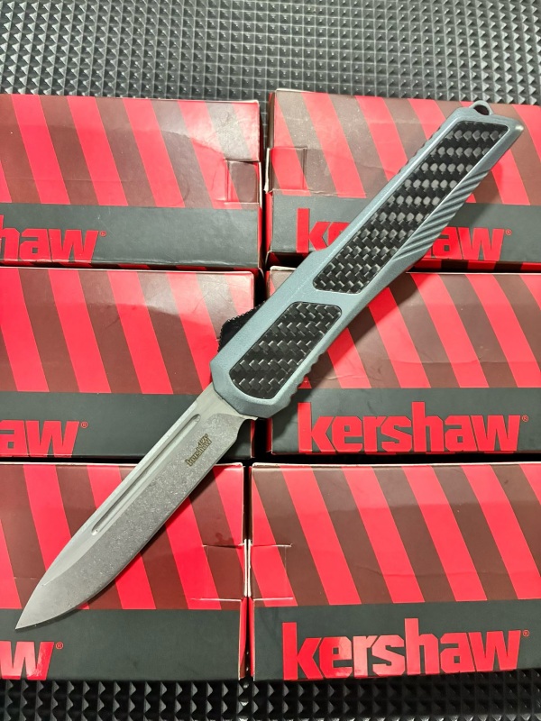 Kershaw Angry Shark OTF AUTO Knife 3.23" CPM-D2 Stonewashed Point Blade, Carbon Fiber+Alloy Handles