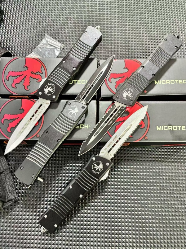 MT Troodon AUTO OTF Knife 3.74" M390 Double Combo Edge Dagger Blade, Black Aluminum Handles