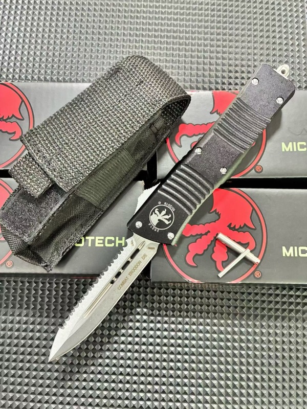 MT Troodon AUTO OTF Knife 3.74" M390 Double Combo Edge Dagger Blade, Black Aluminum Handles