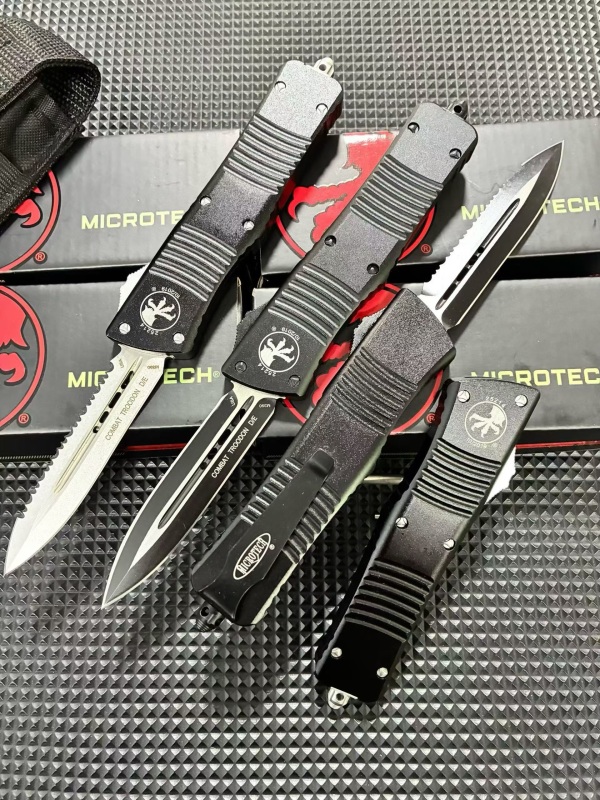 MT Troodon AUTO OTF Knife 3.74" M390 Double Combo Edge Dagger Blade, Black Aluminum Handles