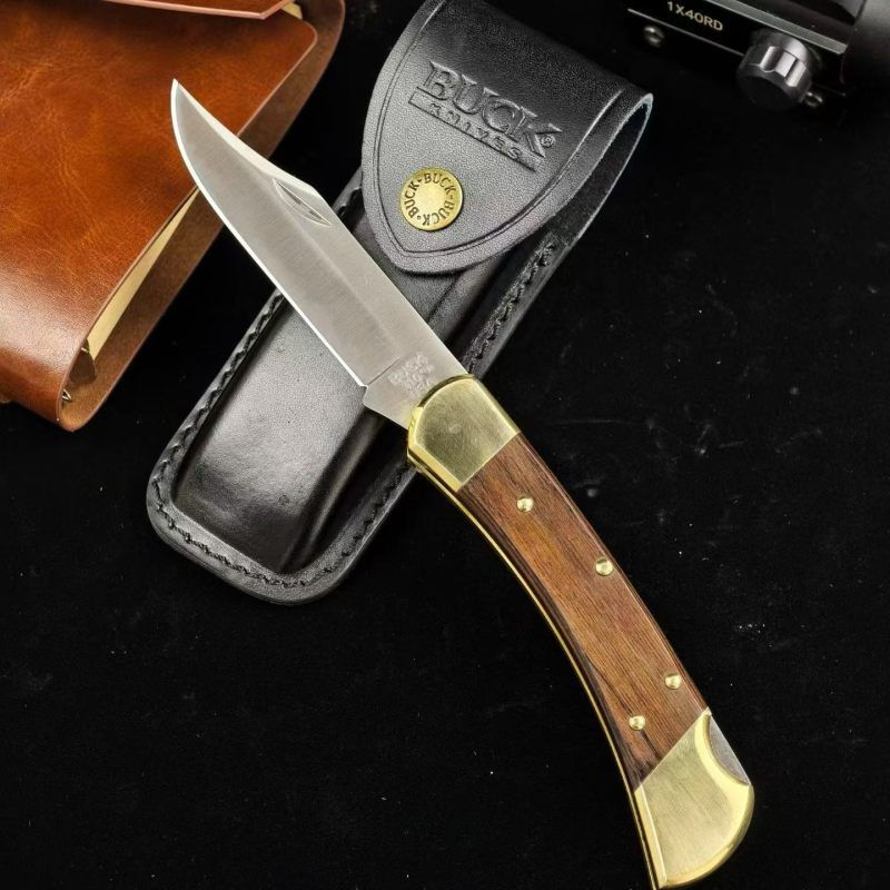 BK 110 Folding Knife 3.74" 440c Blade, Spanish wood Handles, Lockback, Leather Sheath