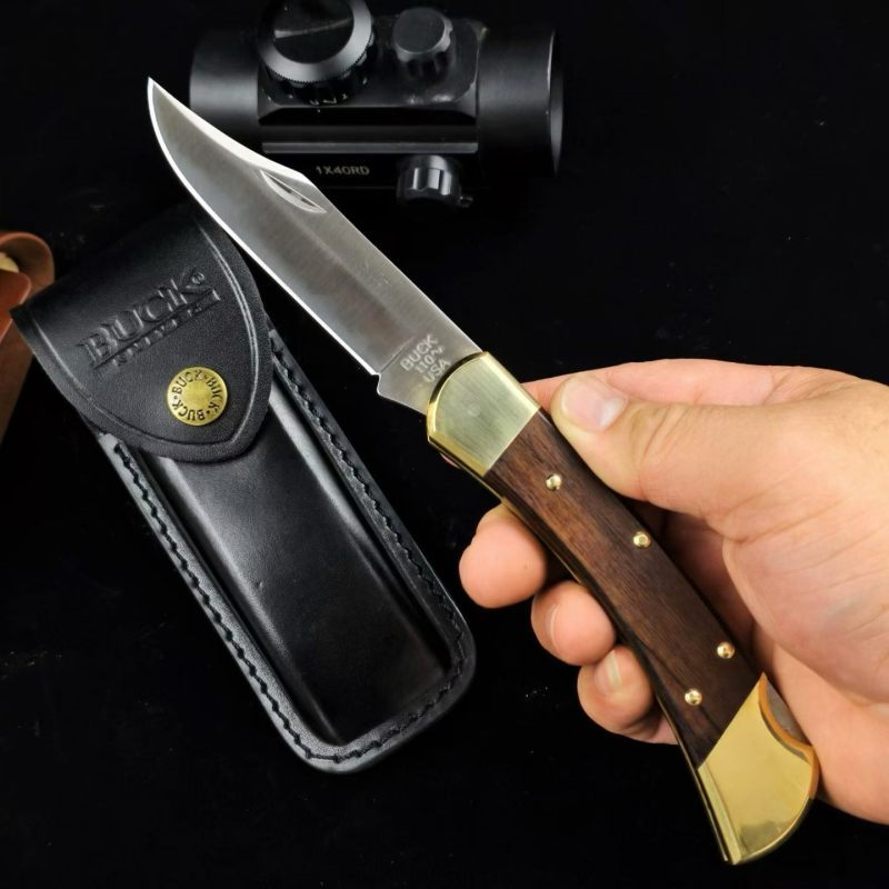 BK 110 Folding Knife 3.74" 440c Blade, Spanish wood Handles, Lockback, Leather Sheath