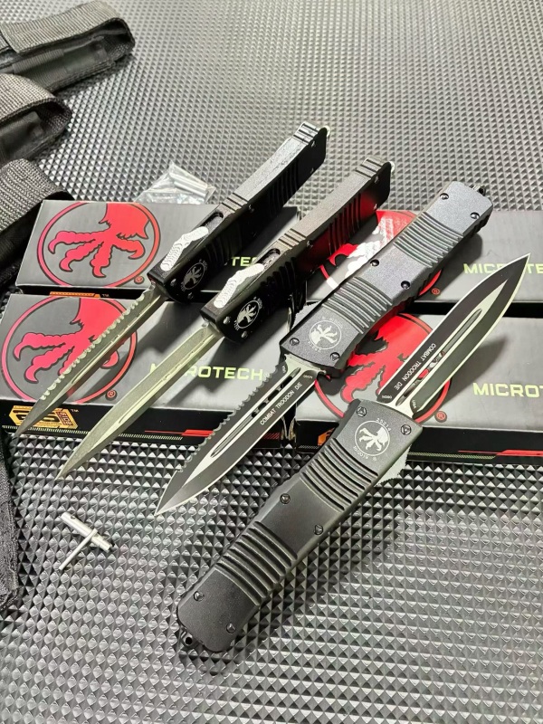 MT Troodon AUTO OTF Knife 3.74" M390 Double Combo Edge Dagger Blade, Black Aluminum Handles