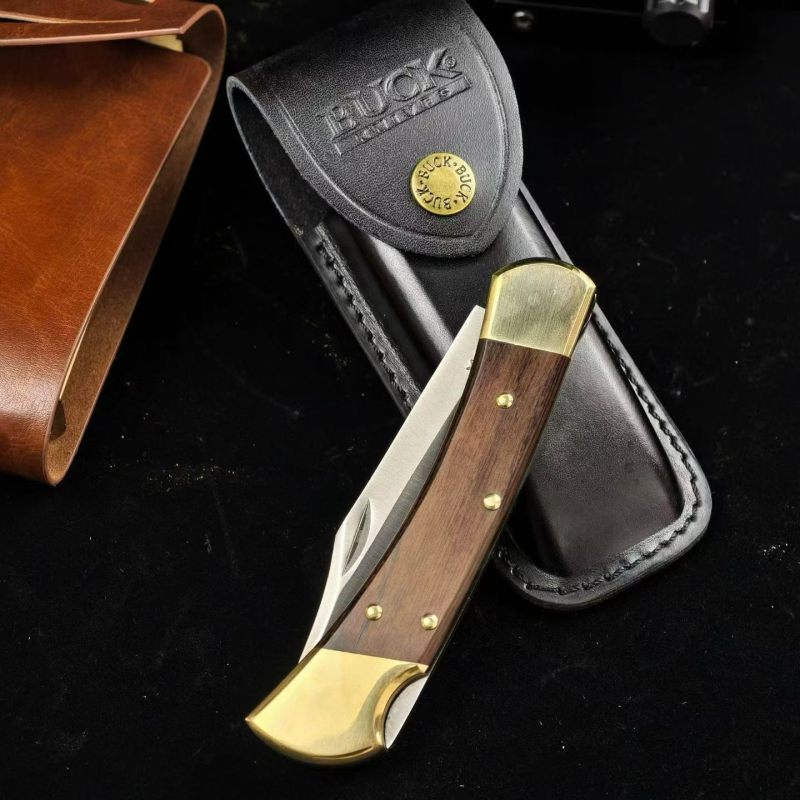 BK 110 Folding Knife 3.74" 440c Blade, Spanish wood Handles, Lockback, Leather Sheath