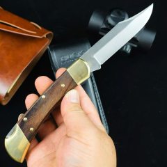 BK 110 Folding Knife 3.74" 440c Blade, Spanish wood Handles, Lockback, Leather Sheath