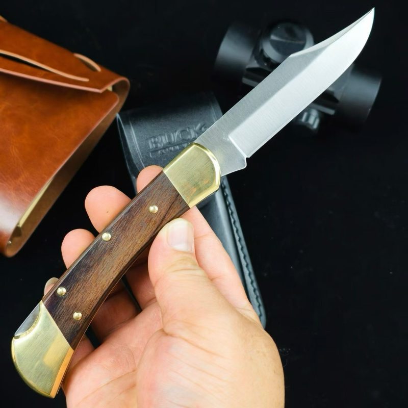 BK 110 Folding Knife 3.74" 440c Blade, Spanish wood Handles, Lockback, Leather Sheath