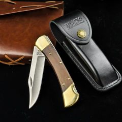 BK 110 Folding Knife 3.74" 440c Blade, Spanish wood Handles, Lockback, Leather Sheath