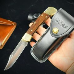 BK 110 Folding Knife 3.74" 440c Blade, Spanish wood Handles, Lockback, Leather Sheath