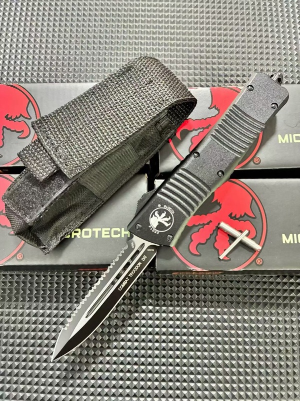 MT Troodon AUTO OTF Knife 3.74" M390 Double Combo Edge Dagger Blade, Black Aluminum Handles
