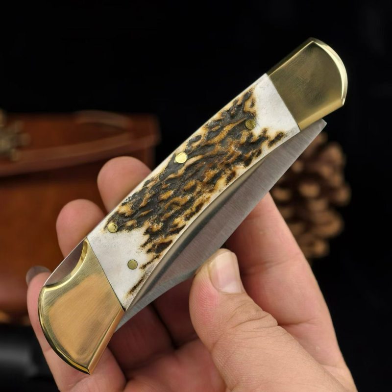 BK 110 Folding Knife 3.74" 440c Blade, Antler Handles, Lockback, Leather Sheath