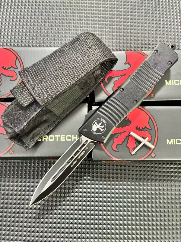 MT Troodon AUTO OTF Knife 3.74" M390 Double Combo Edge Dagger Blade, Black Aluminum Handles