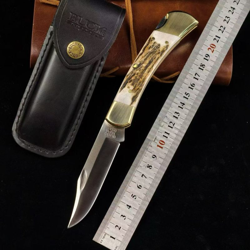 BK 110 Folding Knife 3.74" 440c Blade, Antler Handles, Lockback, Leather Sheath