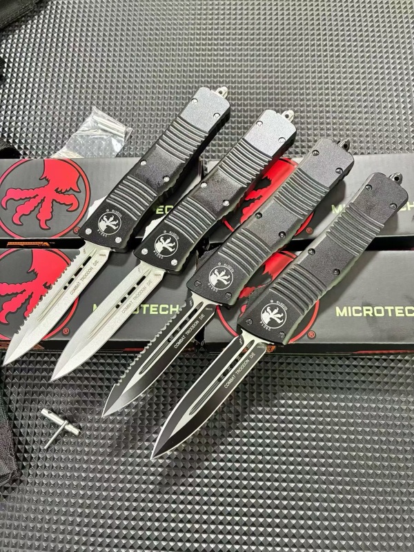 MT Troodon AUTO OTF Knife 3.74" M390 Double Combo Edge Dagger Blade, Black Aluminum Handles