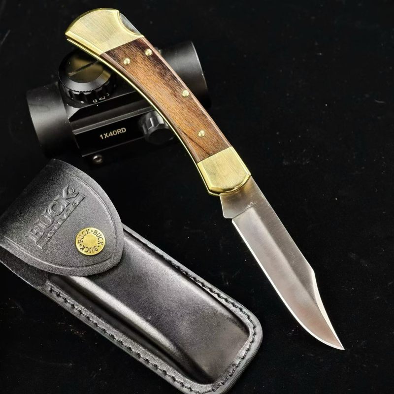 BK 110 Folding Knife 3.74" 440c Blade, Spanish wood Handles, Lockback, Leather Sheath