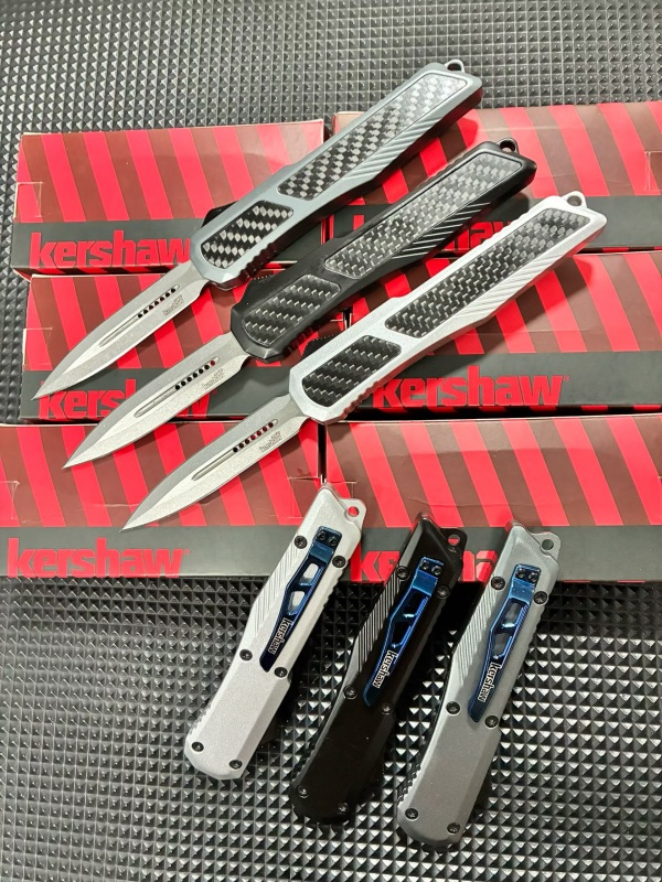 Kershaw Angry Shark OTF AUTO Knife 3.23" CPM-D2 Stonewashed Point Blade, Carbon Fiber+Alloy Handles