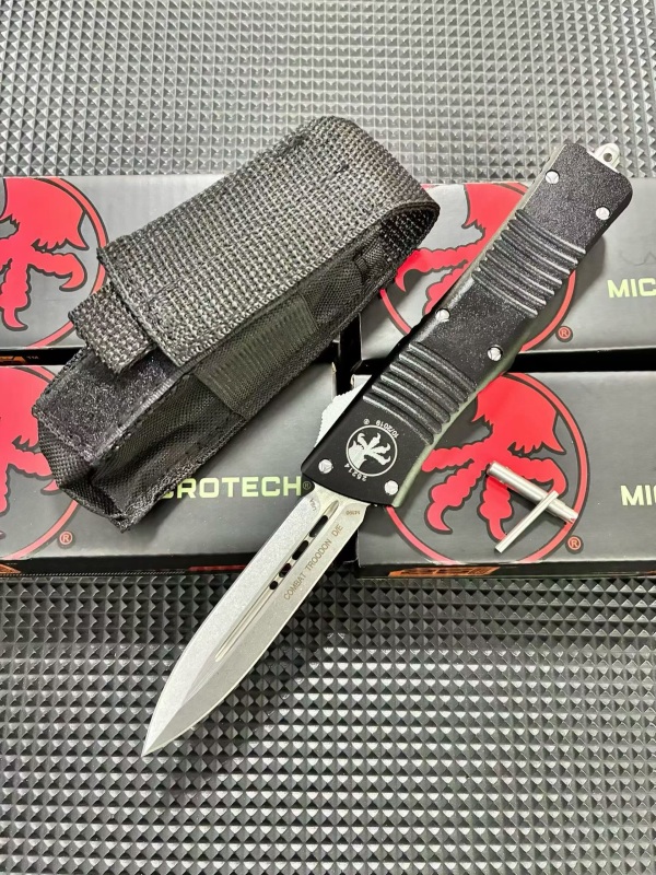 MT Troodon AUTO OTF Knife 3.74" M390 Double Combo Edge Dagger Blade, Black Aluminum Handles