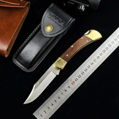BK 110 Folding Knife 3.74" 440c Blade, Spanish wood Handles, Lockback, Leather Sheath