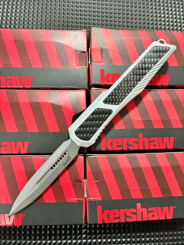 Kershaw Angry Shark OTF AUTO Knife 3.23" CPM-D2 Stonewashed Point Blade, Carbon Fiber+Alloy Handles