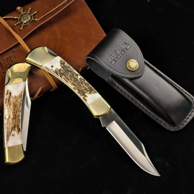 BK 110 Folding Knife 3.74" 440c Blade, Antler Handles, Lockback, Leather Sheath