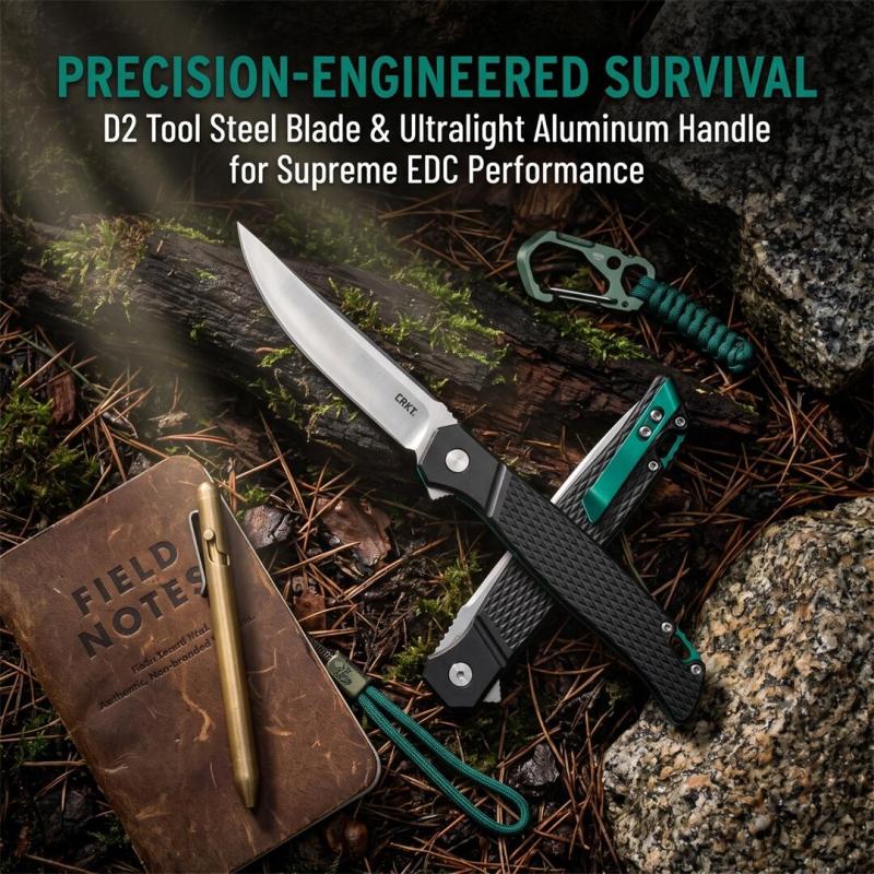 CRKT K440XXP Flipper Knife 3.3" D2 Satin Blade, Gray Aluminum Handles with Green Liners