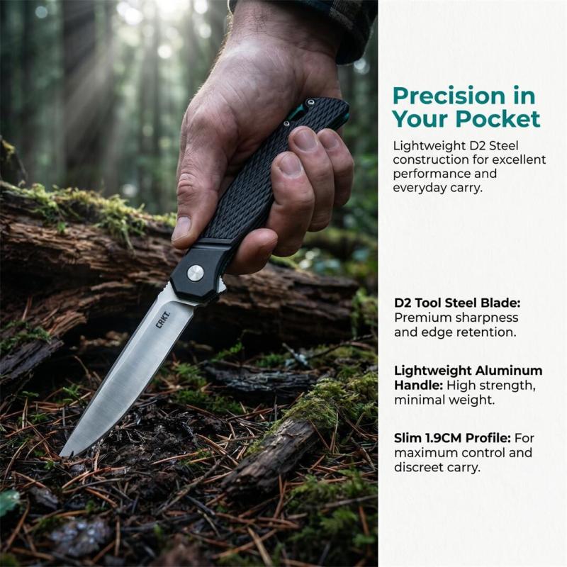 CRKT K440XXP Flipper Knife 3.3" D2 Satin Blade, Gray Aluminum Handles with Green Liners