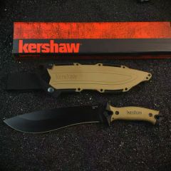 Kershaw 1077TAN Camp 10 Fixed 10" 65Mn Carbon Steel Blade, Tan Rubber Handles, GRN Sheath