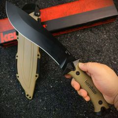 Kershaw 1077TAN Camp 10 Fixed 10" 65Mn Carbon Steel Blade, Tan Rubber Handles, GRN Sheath