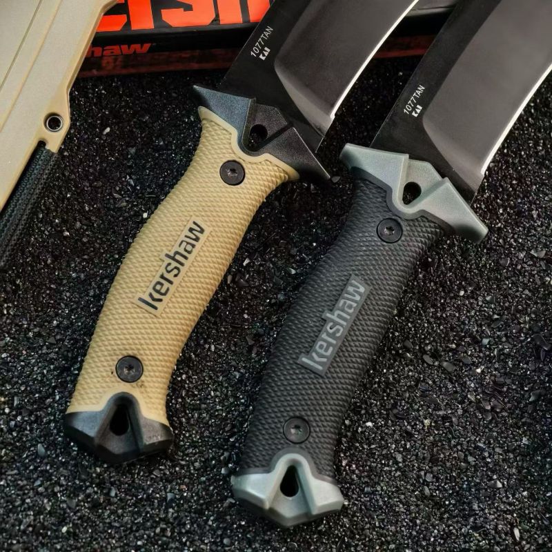 Kershaw 1077TAN Camp 10 Fixed 10" 65Mn Carbon Steel Blade, Tan Rubber Handles, GRN Sheath
