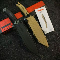Kershaw 1077TAN Camp 10 Fixed 10" 65Mn Carbon Steel Blade, Tan Rubber Handles, GRN Sheath