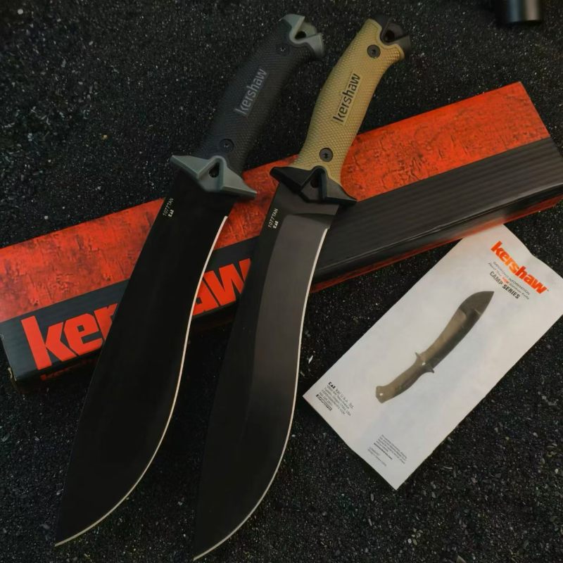 Kershaw 1077TAN Camp 10 Fixed 10" 65Mn Carbon Steel Blade, Tan Rubber Handles, GRN Sheath