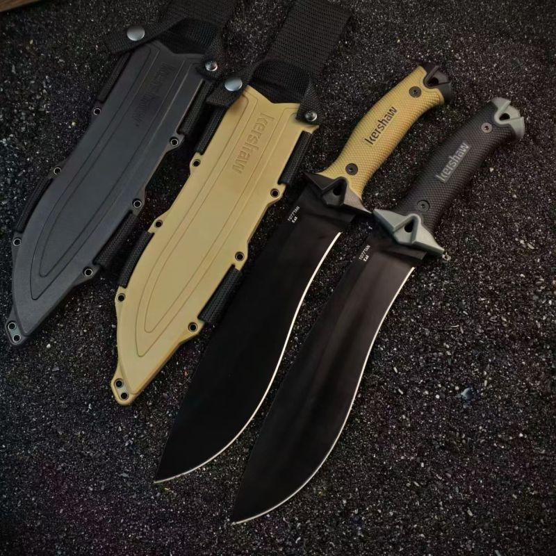 Kershaw 1077TAN Camp 10 Fixed 10" 65Mn Carbon Steel Blade, Tan Rubber Handles, GRN Sheath