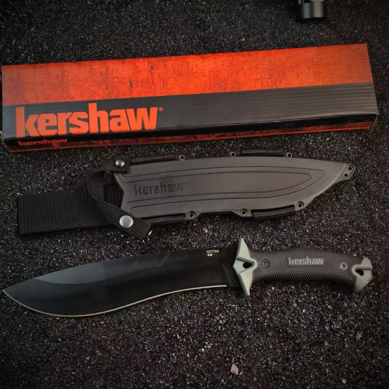 Kershaw 1077TAN Camp 10 Fixed 10" 65Mn Carbon Steel Blade, Tan Rubber Handles, GRN Sheath
