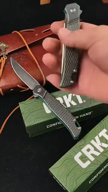 CRKT K440XXP Flipper Knife 3.3" D2 Satin Blade, Gray Aluminum Handles with Green Liners