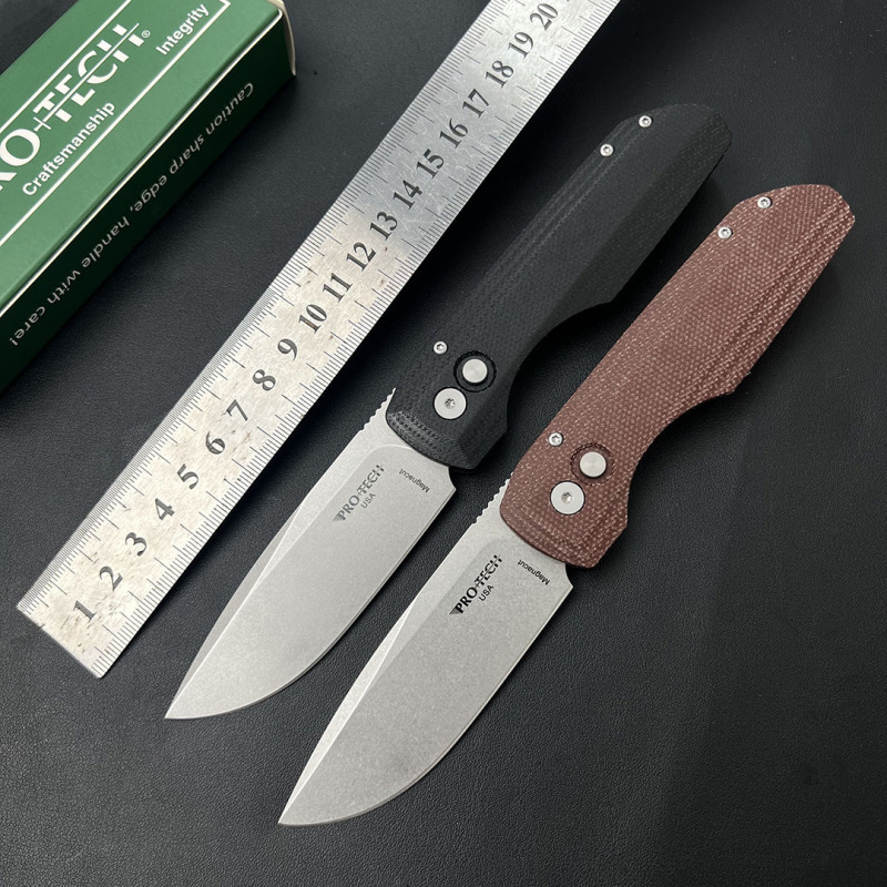 Pro-Tech AUTO Folding Knife 3.35" 440 Plain Blade, Linen + Aluminum alloy Handles