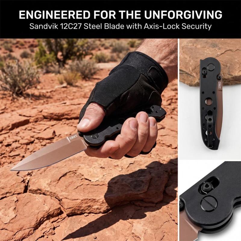 CRKT M16 Carson Flipper Knife 3.54" 12C27 Combo Drop Blade, Desert Tan, Nylon Fiber Handles