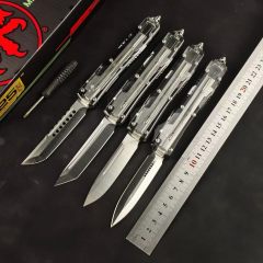 MT White UTX-70 Ultratech OTF AUTO Knife 3.34" M390 Plain Blade, Acrylic+Aluminum Alloy Handles