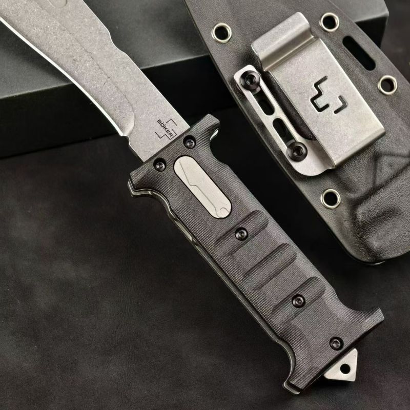 Boker Plus Extension Knife, D2 Stonewashed Variable Length Recurve Blade, TPE Handles, Kydex Sheath
