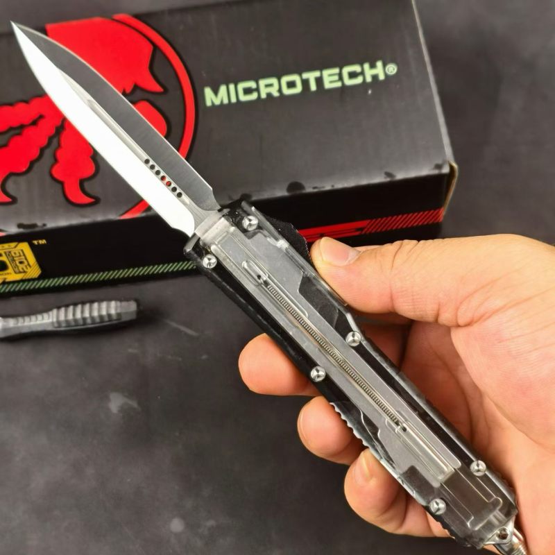 MT White UTX-70 Ultratech OTF AUTO Knife 3.34" M390 Plain Blade, Acrylic+Aluminum Alloy Handles