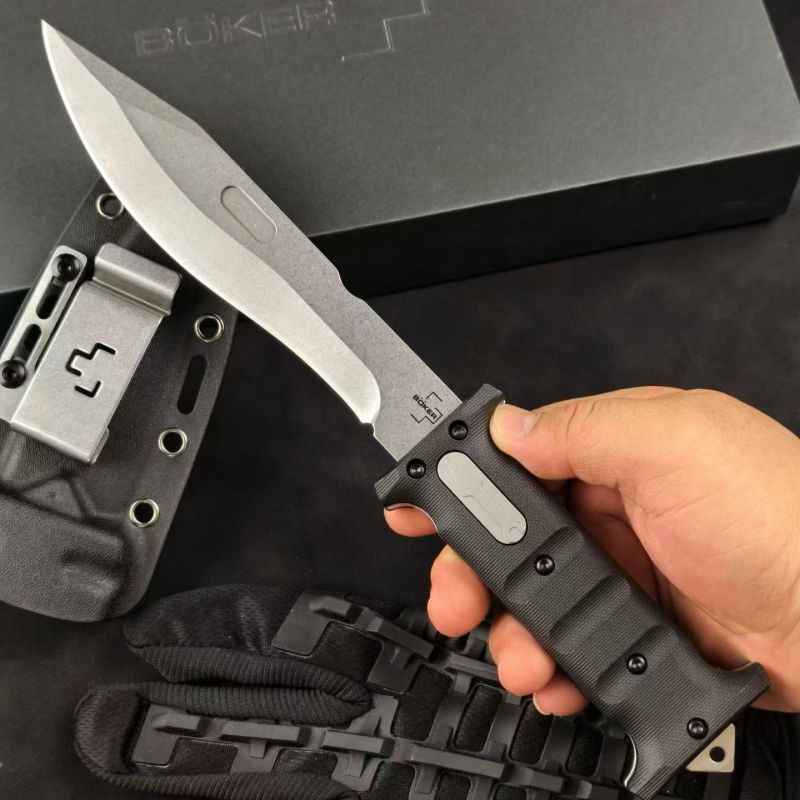 Boker Plus Extension Knife, D2 Stonewashed Variable Length Recurve Blade, TPE Handles, Kydex Sheath