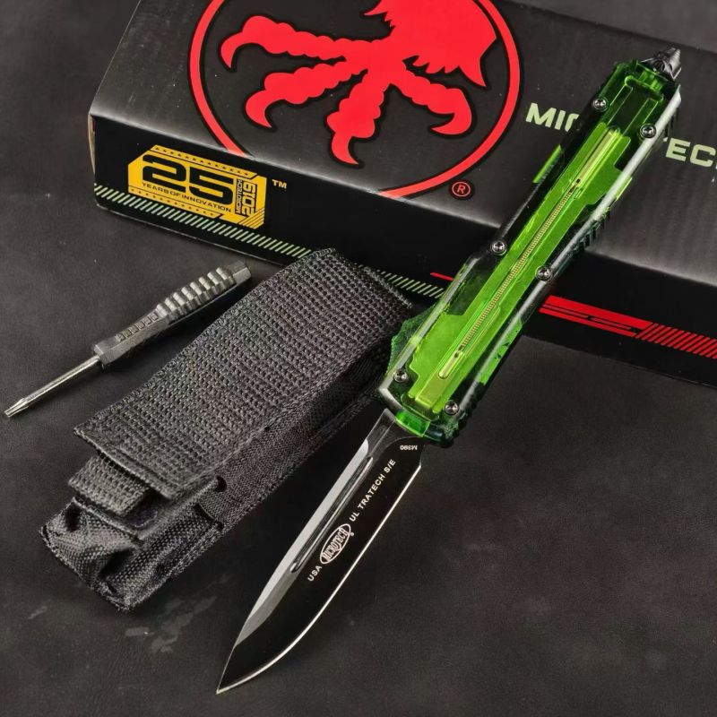 MT Green UTX-70 Ultratech OTF AUTO Knife 3.34" M390 Plain Blade, Acrylic+Aluminum Alloy Handles