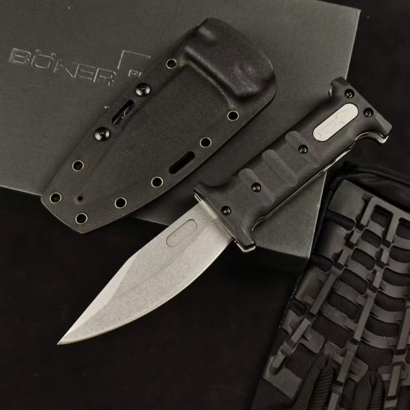 Boker Plus Extension Knife, D2 Stonewashed Variable Length Recurve Blade, TPE Handles, Kydex Sheath