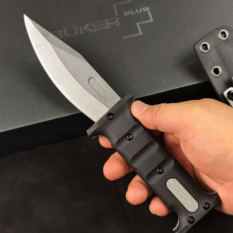 Boker Plus Extension Knife, D2 Stonewashed Variable Length Recurve Blade, TPE Handles, Kydex Sheath